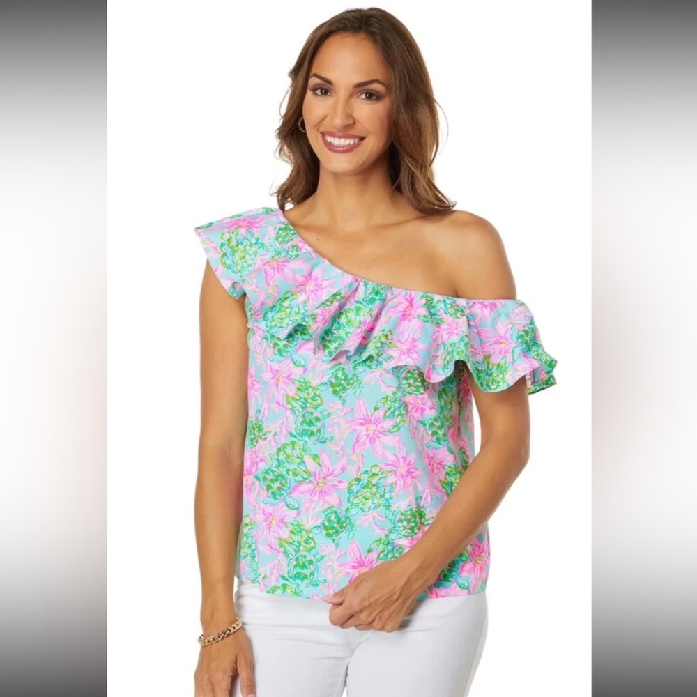 NWT Lilly Pulitzer Zeldie One Shoulder Ruffle Top Surf Blue Size Small